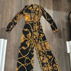 Black & Gold Baroque Print Wide-Leg Jumpsuit